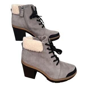 Dr. Scholl’s Weather Ready Gray Faux Fur Lace Up Heeled Ankle Boots 7.5 New